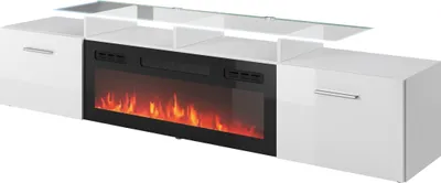 Produktbild von Furniture24 Fernsehschrank Rova mit elektrischem Kamin Lowboard Unterschrank 2 Klappen Weiß, 197x48x37