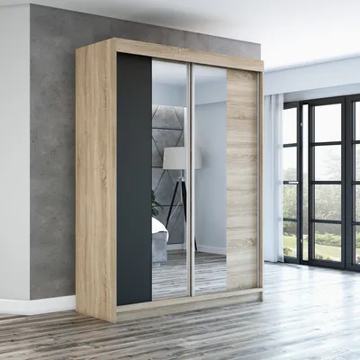 Produktbild von Schwebetürenschrank, 2-türig Schrank mit Spiegel! Moderne Garderobe für Kleidung. Verschiedene Farben (Weiß, Schwarz, Somona) Kleiderschrank NEO 160  cm