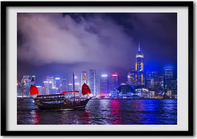 Produktbild von Bild - Bilder - Bilderrahmen - 70 cm x 50 cm - MDF-Rahmen, Wandkunst Hong Kong in der Nacht