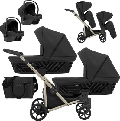 Produktbild von Kinderwagen IVENTO DUO 3 in 1 Komplettset Zwillingskinderwagen Geschwisterwagen Zwillingsbuggy Doppelkinderwagen (Black Pearl, Rahmenfarbe: champagne)