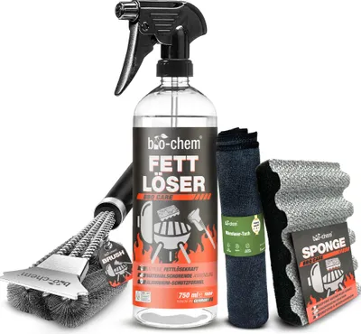 Produktbild von bio-chem Fettlöser Grillreiniger 750 ml inkl. Grillbürste, Schwamm und Tuch – Profi-Spray für Grill, Smoker & Backofen | Starke Fettlösekraft mit Alu-Schutzformel | Materialschonend & geruchsneutral