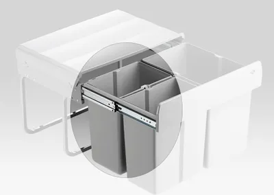 A close-up view of a two-bin trash can system with a focus on the sliding mechanism and the bins themselves, set against a light gray background.