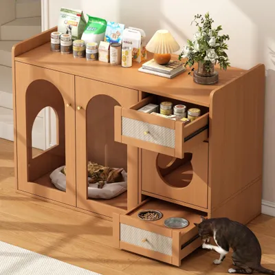 Produktbild von Merax Katzenschrank Kommode mit Katzenbett, Katzennäpfe, Schublade, Katzentoilette, Katzenhöhle, Glasschranktür, Katzenhaus, 120x45x83cm, Nussbaum