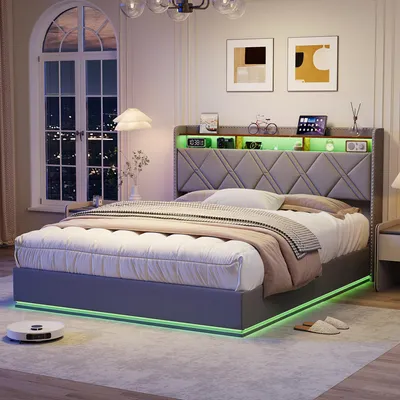 Produktbild von ProximaX Doppelbett 140x200 cm Leinen grau, LED-Kopfteil, USB-C & Stauraumbett