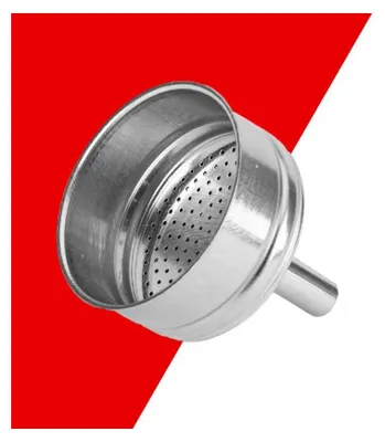 A metal funnel with holes on a red and white background.
