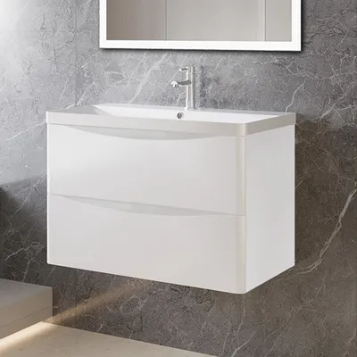 Produktbild von Badezimmerschrank 80cm Mineralguss Waschtisch mit Unterschrank Hochglanz Weiß Badmöbel Set mit Soft-Close