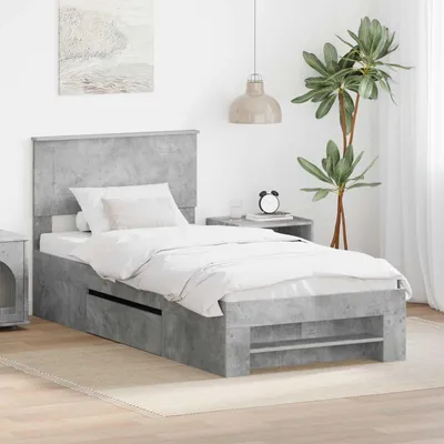 Image de Lit simple - Structure en bois composite, coloris gris béton, dimensions 75 x 190 cm