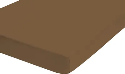 A close-up, angled view of a brown fitted sheet on a white background.