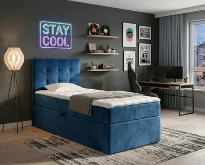 Produktbild von NORDELO Boxspringbett INCANTO 90x200 cm Blau Komplett-Set gepolsterte Einzelbett mit Stauraum, Matratze und Topper