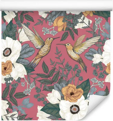 Produktbild von 10m VLIES TAPETE Rolle Vügel Kolibris Blumen Blätter Flora Ornamente XXL