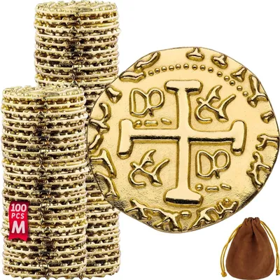 Produktbild von Set mit 100 goldenen Metall-Piratenmünzen – Schatzmünzen, 22 mm Durchmesser
