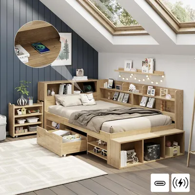 A bedroom with a wooden bed frame, shelves, and a nightstand, featuring a skylight.