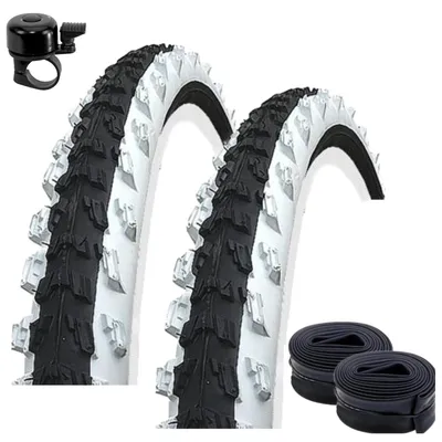 Immagine prodotto di 2 pneumatici Kenda K-829 per mountain bike, misura 50-406 (20 x 2.00), colore nero/bianco, + 2 camere d'aria compatibili, inclusa una campanella per bicicletta