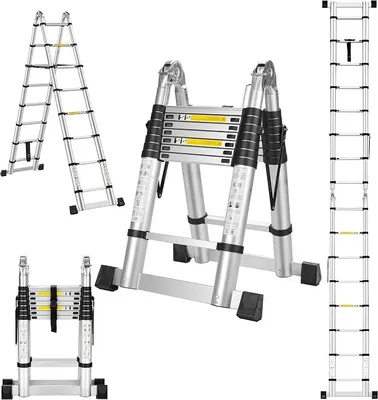 Imagen del producto de Escalera telescópica de 5 metros (2,5 + 2,5) – Escalera plegable 2 en 1, escalera de aluminio con ganchos desmontables, para uso en interiores y exteriores, con una carga máxima de 150 kg, color plateado
