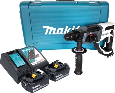 A cordless rotary hammer drill kit with two batteries, a charger, and a carrying case.
