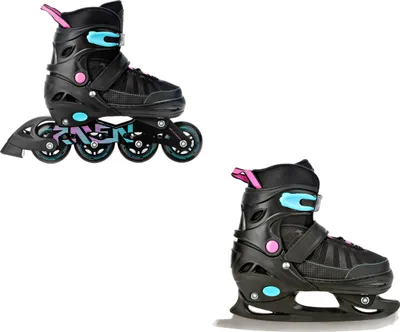 A collage of two images showing a pair of convertible skates (inline skates and ice skates).