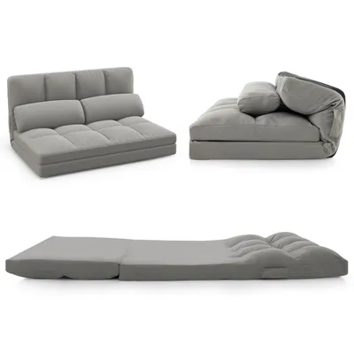 Image de COSTWAY Canapé-lit bas avec 2 coussins, canapé convertible au sol avec dossier réglable en 6 positions et revêtement en velours doux pour la peau, canapé d'invité pliable pour le salon et la chambre à coucher, gris clair
