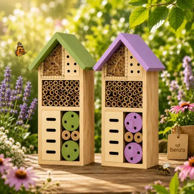 Immagine prodotto di Benza – Set per hotel per insetti (2 pezzi) – Verde e lilla – 13 x 8,5 x 26 cm – Hotel per api e farfalle in legno – Ideale per giardino, balcone e terrazzo