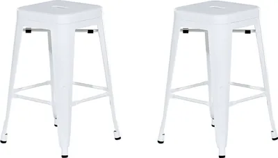 Two white metal bar stools are shown against a white background.