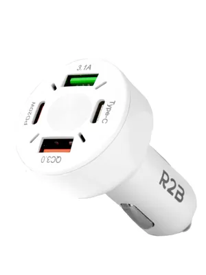 Productafbeelding van R2B Autolader met 4 Poorten – USB-C en USB-A – Compacte Auto Snellader – Wit