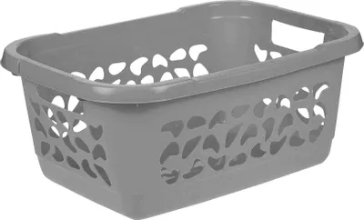 A grey laundry basket is shown from a diagonal angle against a white background.