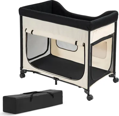 Produktbild von SucceBuy Erhöhtes Haustierbett (XL), faltbare Hundeliege mit 600D Oxford-Stoff und weichem Samt, tragbares Kinderbett mit Rädern, seitlichen Aufbewahrungstaschen und Tragetasche, Beige
