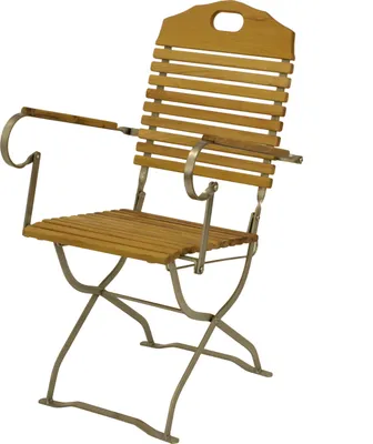 A wooden and metal folding garden chair.