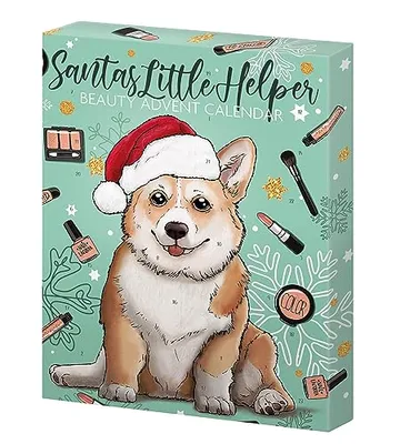 A Christmas-themed advent calendar box featuring a corgi wearing a Santa hat and surrounded by illustrations of makeup products.