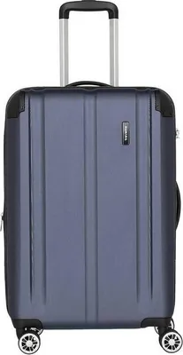 A blue suitcase with a retractable handle and wheels.
