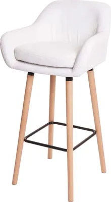 A white bar stool with wooden legs and a black footrest.