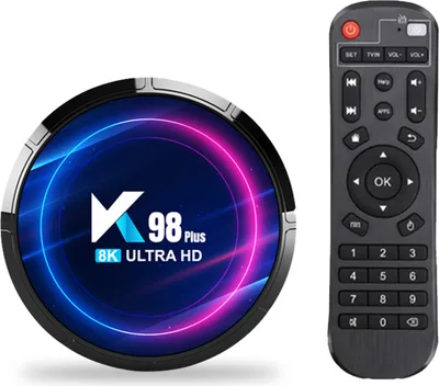 A smart media player and its remote control are displayed side-by-side on a white background.