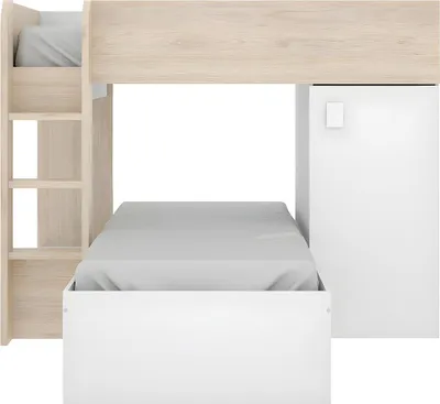 Produktbild von Eck-Etagenbett mit Kleiderschrank und Schubladen - 2 x 90 x 190 cm - Eingebauter Stauraum - Eiche und Weiß - RICARDO