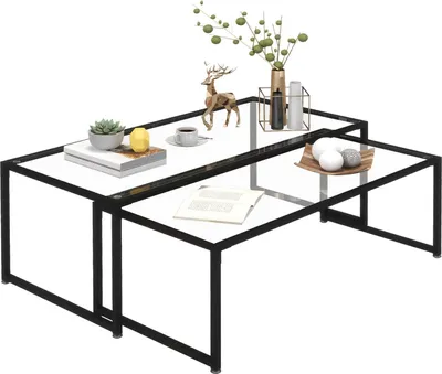 Produktbild von Couchtisch 2Er-Set Beistelltisch, Kaffeetisch, Satztisch, Glastisch, Sofatisch, Wohnzimmertisch Für Schlafzimmer, Stahl, Schwarz