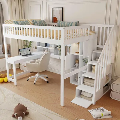 A white loft bed with a desk and storage stairs, set up in a bedroom.