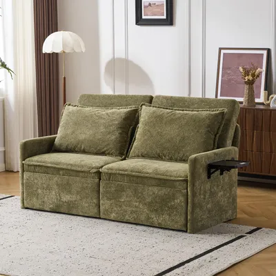 Zdjęcie produktu dla Sofa rozkładane z poduszkami i portem USB, oparcie z 5-stopniową regulacją, rozkładana sofa z miejscem do przechowywania, kolor zielony