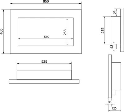 Technical drawing with dimensions of a wall-mounted bio-fireplace.