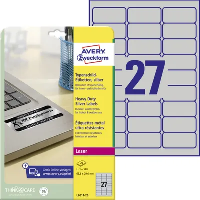Produktbild von Avery Zweckform L6011-20 Typenschild-Etiketten, 63,5 x 29,6 mm, 20 Bogen/540 Etiketten, silber