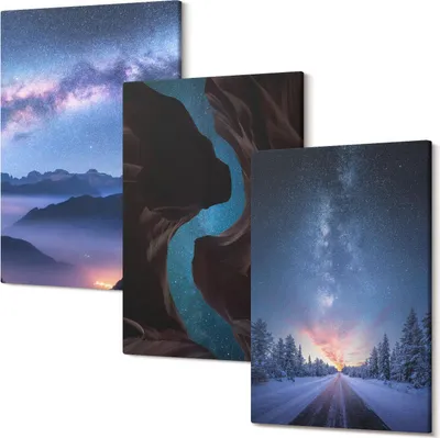 Produktbild von Leinwandbild – Wandbild – Leinwandbilder – Kunstdruck – Polycanvas – Modern – Mehrteilig – 3-Teilig Set – Hochwertig – Geruchslos – Lichtecht – Fertig Aufgespannt – 20x30 Cm Je Teil - Nachthimmel, Berge, Schlucht und Winterlandschaft