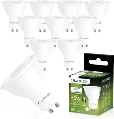 Obrázek produktu pro LUMILED GU10 LED žárovka PAR16 Energetická třída C 5,2 W Nahrazuje 55W halogenové žárovky 720 lm 4000 K Neutrálně bílá žárovka Úhel vyzařování 38° Balení po 10 kusech Energeticky úsporná Nelze stmívat Komfortní světlo Bodové osvětlení