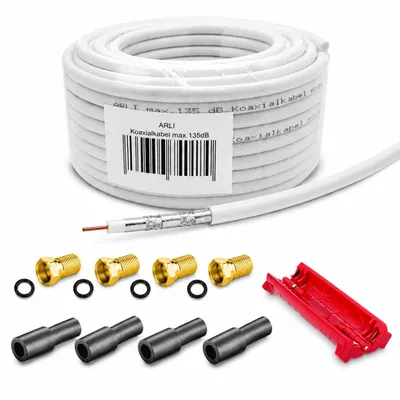 Produktbild von 50m ARLI Koaxialkabel – max. 135 dB 5-fach geschirmt + 4x F-Stecker vergoldet + 4x Gummitülle + Abisoliermesser DVB-S2 DVB-C2 DVB-T2 4K HD TV