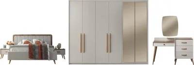 Produktbild von Schlafzimmer Set Giza mit 260 cm Kleiderschrank, Stoffbett und Kommode mit Spiegel