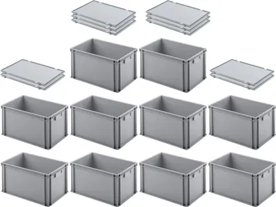 Produktbild von SuperSparSet 10x Eurobehälter mit geschlossenem Griff und Scharnierdeckel | HxBxT 32x40x60cm | 56 Liter | Grau | Eurobox, Transportbox, Transportbehälter, Stapelbehälter