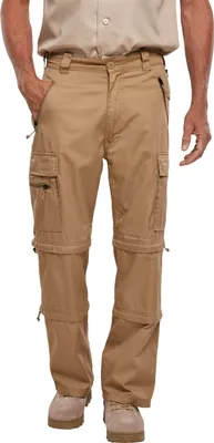 A person wearing khaki cargo pants with removable legs.