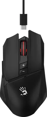 A black gaming mouse with a USB-C connector shown from a top-down perspective.