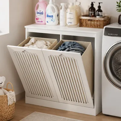 Productafbeelding van Wasmachinekast met lamellenfront en klapdeksel, losstaande kast met twee opbergvakken, wit, 66x35x76 cm