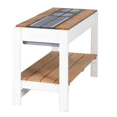 Immagine prodotto di cucina da gioco roba per casetta - cucina da esterno per bambini bianco-marrone con barbecue e piastre - accessori per casetta da giardino - legno resistente alle intemperie