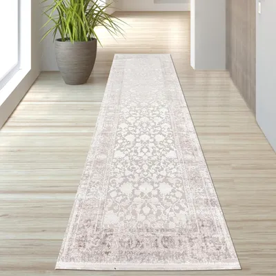 Produktbild von Wollteppich Beige Ornamentmuster Vintage edel Glanzoptik für Schlafzimmer Wohnzimmer Größe - 80 x 300 cm