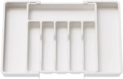 Produktbild von PolkaHome® Besteck-Organizer, ausziehbare Besteckschubladen-Aufbewahrungsbox, verstellbarer Besteckhalter, kompakte, 33-57 x 38 x 5 cm, Weiß