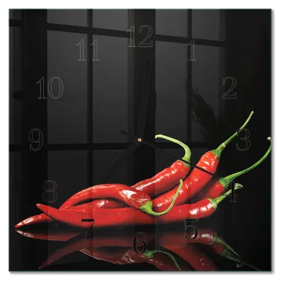 Immagine prodotto di Orologio da parete Tulup Glasuhr, orologio da cucina, vetro vero, 30x30 cm, design moderno e decorativo, silenzioso, con lancette nere - motivo peperoncino