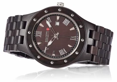 Produktbild von Bonizetti Herrenuhr MATTERHORN Armbanduhr mit Armband aus Holz Schwarz 4,5cm Durchmesser Holzuhr, Holzarmband